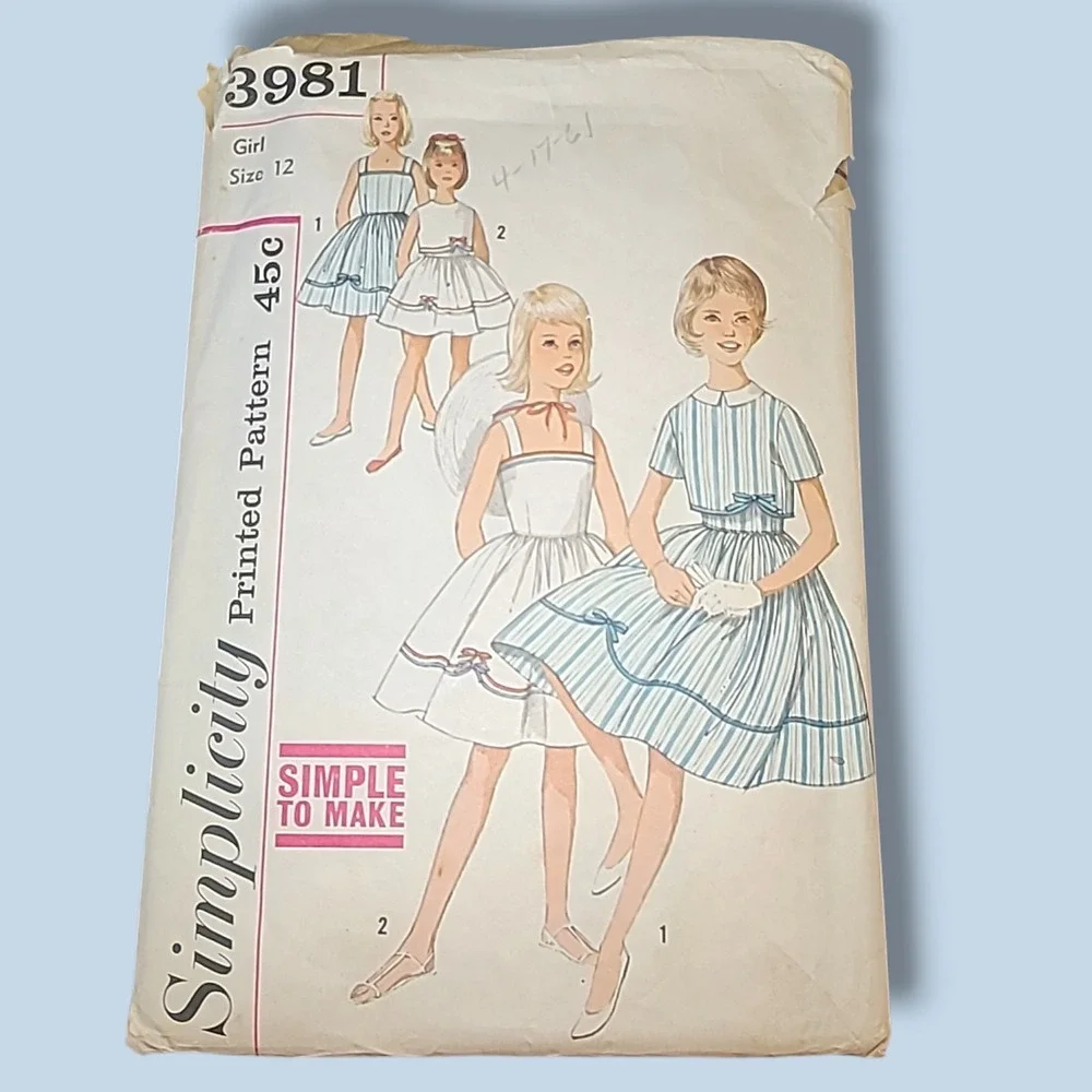 Vintage SIMPLICITY Sewing Pattern 3981 Girl's One Piece Dress Jacket Size 12 CUT